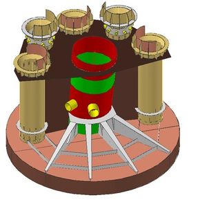 Modellen viser de kompliserte strukturene nederst på hvert bein. Fire skal sveises i Verdal i stedet for Dubai. Det betyr 3.000 tonn stålarbeid flagget hjem. <i>Foto: Kværner</i>