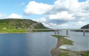 Bøkfjordbrua er en 284 meter lang buebru av stål, som skal bygges 200 meter nedenfor den eksisterende brua ved Elvenes. Brua er foreløpig forsinket, men skal om alt går etter planen være ferdig i løpet av 2017. <i>Foto: Statens Vegvesen</i>