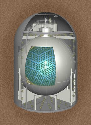 Modellen illustrerer KamLAND-detektoren. Inne i stålbeholderen skjuler det seg en nylonballon med 1000 tonn scintillator.  <i>Illustrasjon: The KamLAND collaboration</i>