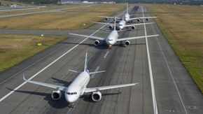 Dagens airbusmodeller på familietaksetur: A320 Neo, A330, A350 og A380. <i>Foto: MASCLET Philippe - MasterFilms</i>