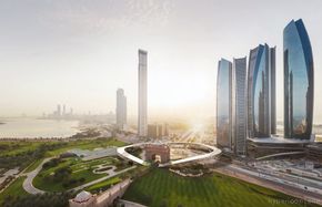 Oversiktsillustrasjonen forestiller Abu Dhabi, med den sirkelformede terminalen i midten av bildet. <i>Foto: BIG og Hyperloop One</i>