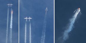 Denne bildesammenstillingen viser hvordan SpaceShipTwo først separeres fra bæreflyet White Knight Two og senere havarerer under en testflygning over Mojave-ørkenen fredag 31. oktober 2014. <i>Foto: Kenneth Brown</i>