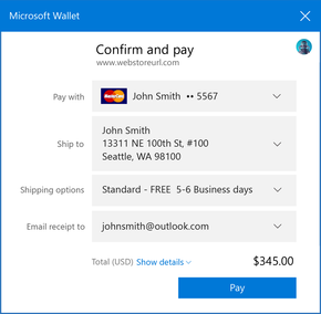 Payment Request API integreres med systemet elektroniske lommebok, her Microsoft Wallet. Det gjør at brukeren slipper å taste inn betalings- og kontaktinformasjon før man handler i en nettbutikk. <i>Foto: Microsoft</i>