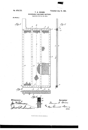 Et av patentene tilknyttet det såkalte Edison-batteriet, basert på Waldemar Jungers nikkel-jernbatteri fra 1899. <i>Foto: Google patents</i>