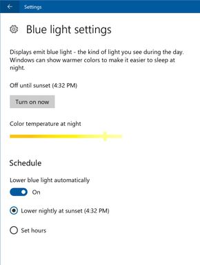 Windows 10 Creators Update kan automatisk dempe mengden av blått lys som stråles fra pc-skjermen. Dette kan redusere pc-ens effekt på brukerens eventuelle søvnproblemer. <i>Bilde: Microsoft</i>