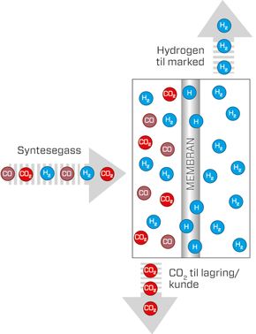 Prinsippet for membranseparasjonsteknologien på Tjeldbergodden. Syntesegassen består av CO2 og Hydrogen. Palladium ligger tynt utenpå perforerte rør. Kun hydrogenmolekyler slipper igjennom og fanges opp inne i rørene og føres videre. CO2 håndteres separat og kan lagres eller håndteres på annen måte. <i>Foto: Kjersti Magnussen/TU</i>