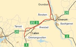 Totalt 10 km ny 2- eller 3-felts hovedveg og 15 km 4-felts motorveg skal bygges mellom Løten og Elverum. <i>Bilde:  Statens vegvesen</i>