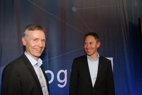 Andreas Jagtøyen og Jeppe Sverdrup i Kongsberg Digital. <i>Foto: Tore Stensvold</i>