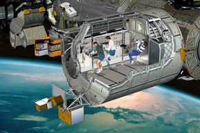 Bildet viser en gjennomskåret illustrasjon av hvordan det ser ut på det europeiske romlaboratoriet Columbus som er koblet fast til den internasjonale romstasjonen ISS. Columbus inneholder ti ulike laboratorier langs vegger og tak. <i>Foto: ESA</i>