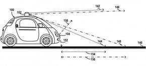 Bildet fra en patentsøknad viser hvordan Alphabet ser for seg at Googles selvkjørende biler skal orientere seg på veien foran ved hjelp av to lidarer. <i>Foto: Waymo</i>