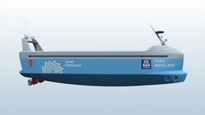 Yara Birkeland designes slik at det ikke behøver ballastvann for stabilitet når den seiler uten eller med lite last. Batterier lavt i skroget gir stabilitet. <i>Foto: Yara/Kongsberg Maritime</i>