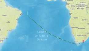 AIS-data viser seilingsruten til Klaveness-skipet "Bakkedal" i fjor vår. Posisjonsdata, tid og "helsedata" for havet kan logges og gi et godt bilde av hvordan det står til i alle verdens hav når mange skip får sensorer.  <i>Bilde:  Marine Traffic</i>