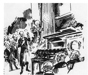 Kanonen kortslutter. En skisse av Birkelands demonstrasjon av kanonen i universitetets festsal i 1903. (Illustrert av Erling Stensrod 50 ar senere.) <i>Bilde: Illustrert av Erling Stensrod 50 ar senere</i>