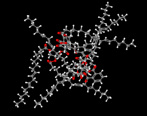 Alkyd i 3D: Denne illustrasjonen av et alkydmolekyl har ganske mange atomer, men molekylet er ikke så stort i praksis. Hvordan det er bygget opp, varierer med hvor mye vegetabilsk olje som tilsettes under fremstillingen. <i>Foto: Jotun</i>