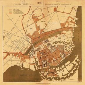 Københavns kloakkledninger i 1876 – 18 år efter at bystyret gikk i gang med kloakkutbyggingen. Alle kloakker har utløp i havna, noe som ikke ville være et problem hvis de bare ble brukt til regnvann som planlagt. Men i 1892 estimeres det i bladet Ingeniøren at mer enn tre firedeler av «den aarlige Ekskrementmasse» ender i kloakkene. <i>Foto:  Københavns Energi</i>