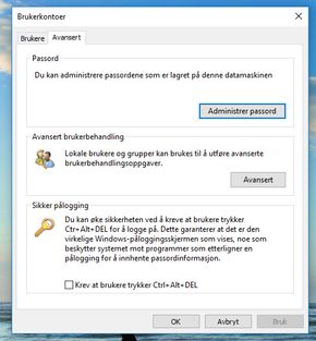 I blant annet Windows 10 kan man aktivere eller deaktivere kravet om at brukeren må trykke Ctrl-Alt-Del for å logge seg på via dette valget, som man finner via Kontrollpanelet. <i>Foto:  Skjermbilde</i>