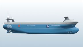 MV Yara Birkeland skal ha to azipod og to tunnelthrustere for framdrift og manøvrering. Skroget er optimalisert for 6-7 knop. Fullastet er effektbehovet bare 110 kW for å holde hastigheten i rolig sjø. <i>Foto:  Yara/Kongsberg Maritime</i>
