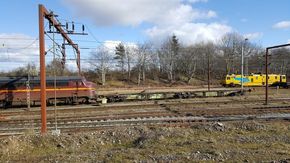 Spesialutgave av vogntypen Sggmrs(s)90, her sett i Padborg. Den toleddede godsvognen med tre boggier har fått påmontert skivebremser, slik at den kan brukes som testvogn for den nye målemetoden. <i>Foto:  Sweco</i>