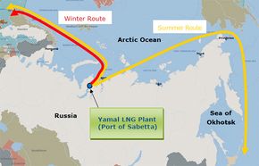 Årstider: Yamal LNG vil sende den flytende gassen på -163 grader C til Østen via Nordøstpassasjen fra juli til november, og <i>Bilde:  DSME</i>