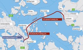 REKORD: Kartet viser hvor tunnelene går under havet i Rogaland. <i>Bilde:  Ill. Google Maps / Elisabeth Rodrigues</i>