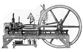 1860: Belgieren Jean Joseph Etienne Lenoir bygger en stempelmotor som drives av gass. Dette er den første forbrenningsmotoren som produseres og selges i flere eksemplarer. <i>Bilde:  Wikipedia</i>