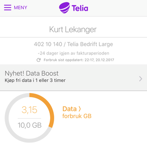 Ubegrenset data kjøpes inne i Mitt Telia-appen.
