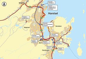 Mesteparten av kostandene på 2,5millairedr kroner, skal henets inn gjennom 8 bomstasjoner i og rundt Harstad. <i>Illustrasjon:  Harstad-pakken</i>