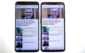 Overaskende god skjerm: Sammenliknet med Samsung S9+ er Oneplus 6 utstyrt med en svært lyssterk skjerm. Den har også mer av skjermflaten dekket av skjerm, takket være 19:9-formatet som inkluderer «busslomma. <i>Foto:  Odd R. Valmot</i>