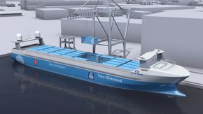 Det elektriske og autonome containerskipet Yara Birkeland skal leveres fra Vard Brevik i februar 2020. I 2021 vil det gradvis bli autonom seilas, overvåket fra et kontrollrom på land. <i>Foto:  Yara/Kongsberg/Marin Teknikk</i>