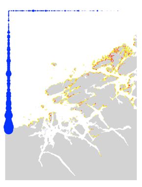 Kart som viser hot spots for stranding av plast i Rogaland. Kartene er laget av Jon Albretsen og Mats Huserbråten. <i>Illustrasjon:  Havforskningsinstituttet</i>