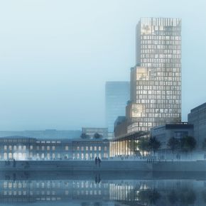 Illustrasjon av høyhuset "Nordisk lys" sett fra vannet. <i>Illustrasjon:  Reiulf Ramstad Arkitekter og C F Møller</i>