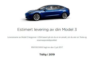 Model 3 hevdes å bli levert tidlig neste år. <i>Skjermbilde:  Tesla.com</i>