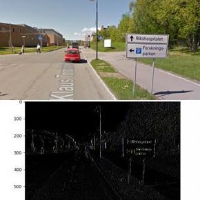 Originalbildet på toppen er fra Google street view. Under er bildet derivert (i horisontal retning.). <i>Foto:  UiO</i>