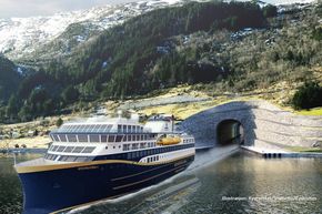 Havila Kystruten har planer om å benytte Stad Skipstunnel. Arbeidende styreleder Per Sævik er overbevist om at det er tryggest og blir en turistattraksjon. <i>Illustrasjon:  Kystverket/Snøhetta/Kystruten</i>