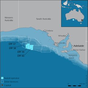 Kart over Australbukta (The Great Australian Bight). Equinors to lisenser i havområdet er markert med lyseblått. <i>Illustrasjon:  Equinor</i>