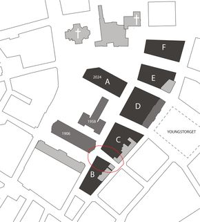 Eiendommen Møllergata 11 ligger i dag mellom de planlagte B- og C-nybyggene i regjeringskvartalet. <i>Illustrasjon:  Statsbygg</i>
