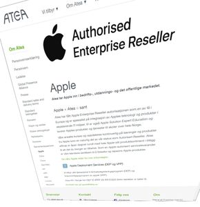 Atea Norge kan fortsatt smykke seg med autorisasjon fra – og partneravtale med Apple, her omtalt på selskapets norske websider. <i>Skjermbilde:  digi.no</i>