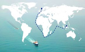Seilasen gikk fra Telemark, ned vestkysten av Afrika, rundt Kapp det gode håp og over det indiske hav til Borneo. <i>Foto:  Pipelife Norge</i>