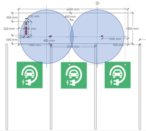 Skissen viser hvilken radius (i blått) CCS-ladekabelen har på en standard ladestasjon når den er montert på venstre side av den aktuelle laderen. <i>Illustrasjon:  Grønn Kontakt</i>
