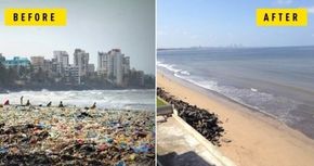 Versova beach før og etter (2018) aksjonen advokten Afroz Shah satte i gang i oktober 2015. <i>Foto:  Twitter/@MVenkaiahNaidu</i>