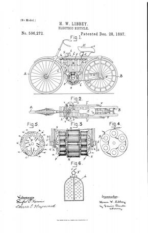 Batteriet som gir. Hosea W. Libbey fikk i 1897 patentert sin versjon med motoren plassert i kranken. Han brukte setet som tank for elektrolytt med slange til batteriet. Sykkelen hadde doble bakhjul og et delt batteri Libbey brukte som et gir. Ideen var at halve batteriet og drift på det ene bakhjulet skulle brukes på flatmark mens hele batteriet og begge hjulene ble brukt i bakker. <i>Illustrasjon:  Harley Davidson</i>