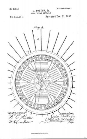 Skissen, fra United States Patent and Trademark Office viser Boltons løsning med elmotoren plassert i navet på bakhjulet. Patentet ble innvilget nyttårsaften i 1895. <i>Illustrasjon:  United States Patent and Trademark Office</i>