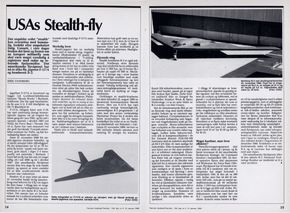 Artikkel om stealthflyene F-117 og B-2 i Teknisk Ukeblad 12. januar 1989, like etter utrullingsseremonien for B-2. <i>Foto:  TU Arkiv</i>