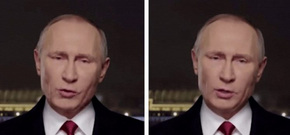 Skjermbilde fra virkelig vs. falsk video av Putin.