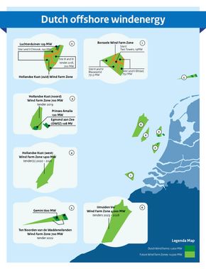Kart over de planlagte utbyggingsområdene for havvind i Nederland. <i>Foto: Nederlandske Enterprise Agency</i>