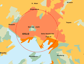 Sonen i Oslo hvor det er forbudt å fly droner uten spesiell tillatelse. <i>Illustrasjon:  Visit Oslo</i>