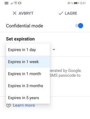 Epostinnholdet som sendes med konfidensiell modus i Gmail, vil bare være tilgjengelig i en begrenset periode. Bildet viser menyvalgene i Gmail-appen for Android. <i>Skjermbilde: digi.no</i>