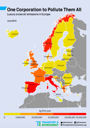 Ny rapport viser høye utslipp fra cruiseskip. Rapporten kan <a href="https://www.transportenvironment.org/publications/one-corporation-pollute-them-all" target="_blank" rel="noopener">lastes ned her.</a>