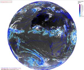 Hele jorden: Bildet av jordkloden viser varsel fra ECMWF sin høyoppløste modell, 9km oppløsning hvor det er plottet inn 3 timers akkumulert nedbør og lufttrykk i havnivå. <i>Foto:   Vibeke Thyness</i>