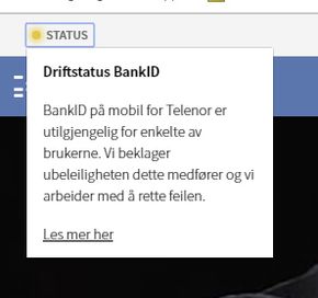 Driftsmelding fra BankID om problemer med BankID på mobil. <i>Skjermbilde: digi.no</i>